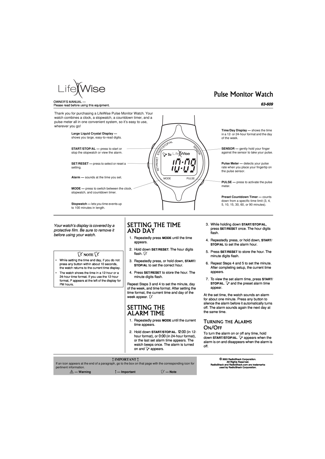 LifeWise 63-609 owner manual Setting The Time And Day, Setting The Alarm Time, Turning The Alarms, Ô Note Ô, On/Off 