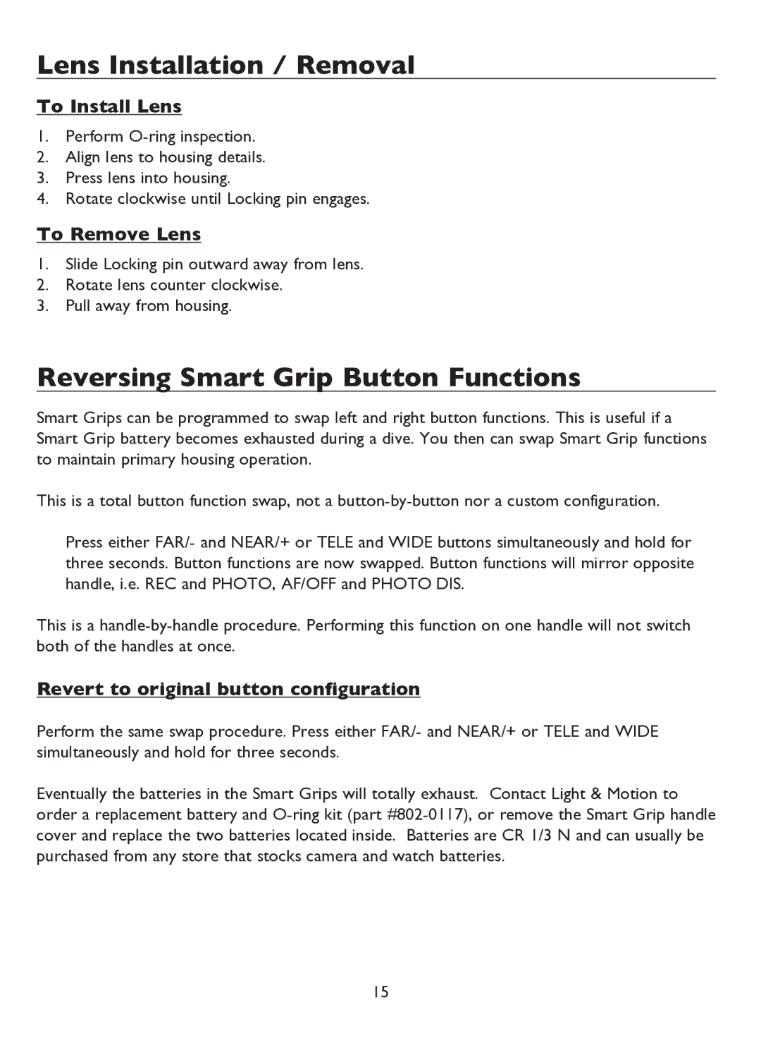 Light & Motion BLUEFIN HC7 manual Lens Installation / Removal, Reversing Smart Grip Button Functions, To Install Lens 