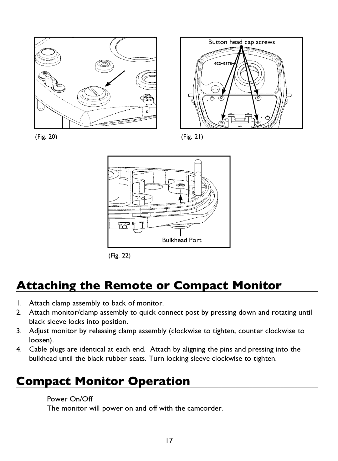 Light & Motion BLUEFIN HC7 manual Attaching the Remote or Compact Monitor, Compact Monitor Operation 