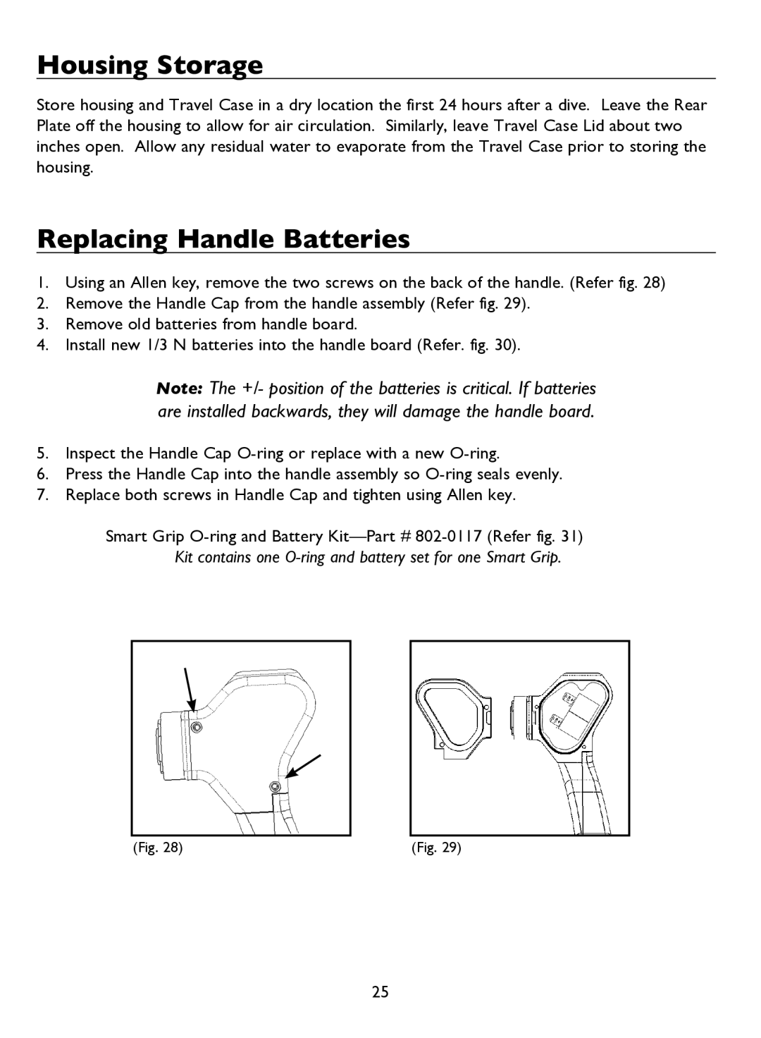 Light & Motion BLUEFIN HC7 manual Housing Storage, Replacing Handle Batteries 