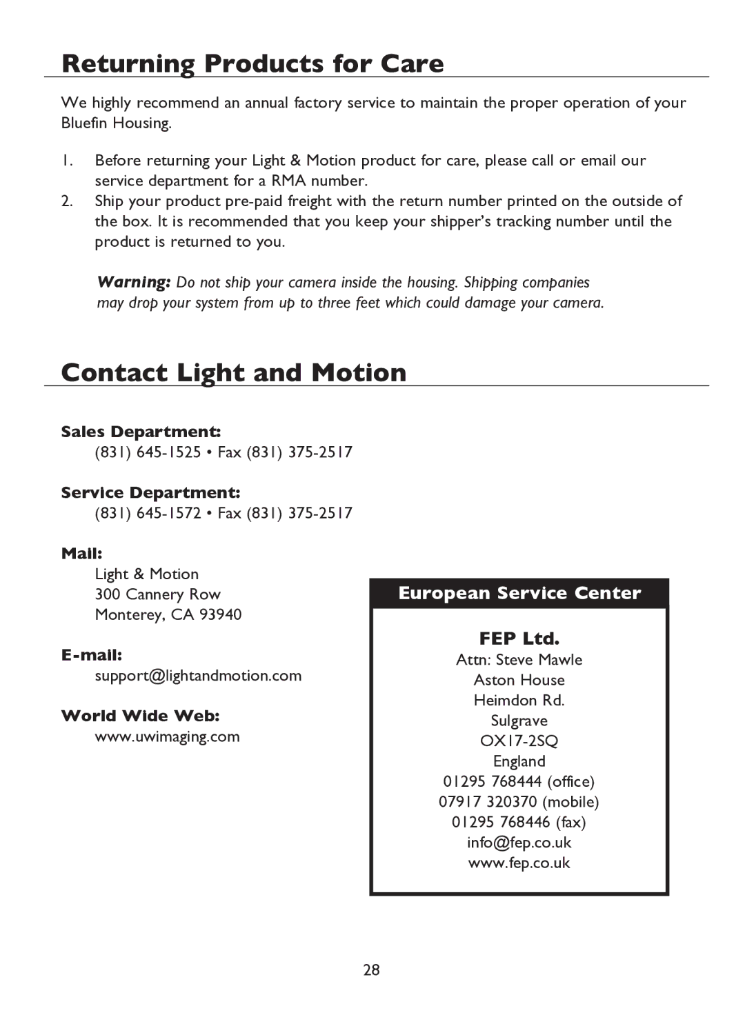 Light & Motion BLUEFIN HC7 manual Returning Products for Care, Contact Light and Motion 