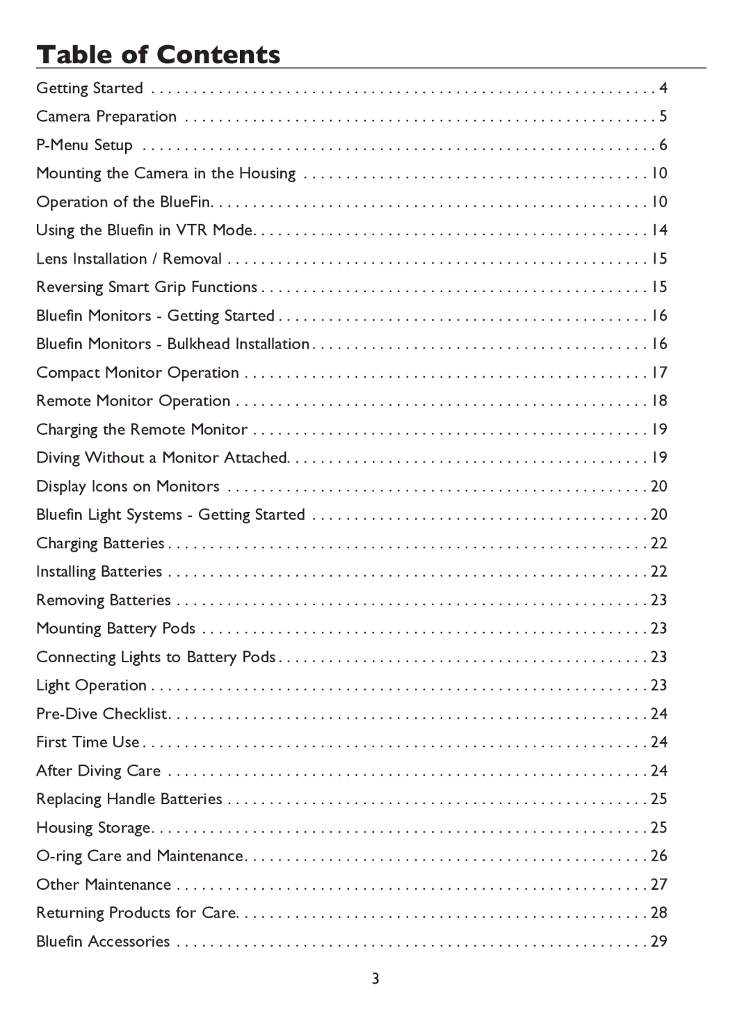 Light & Motion BLUEFIN HC7 manual Table of Contents 