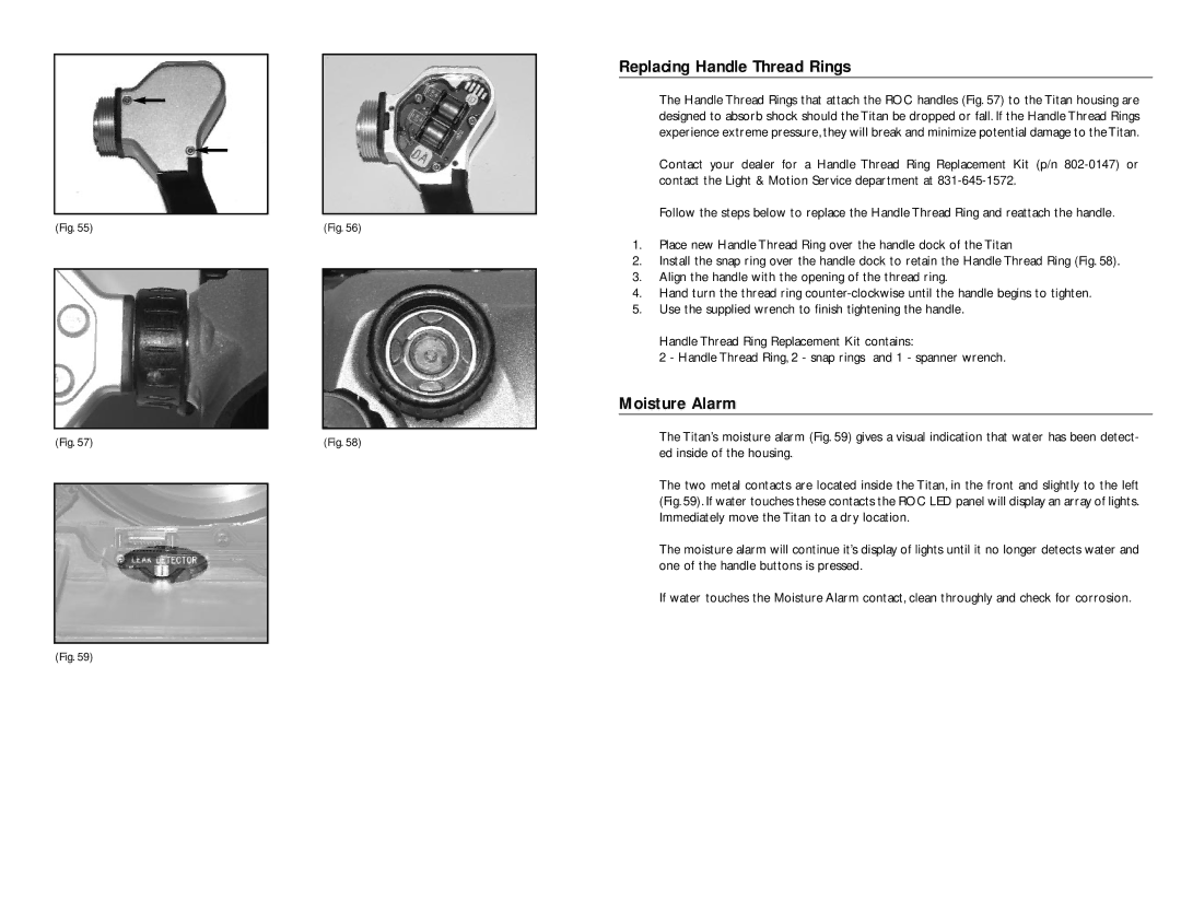 Light & Motion D100 manual Replacing Handle Thread Rings, Moisture Alarm 