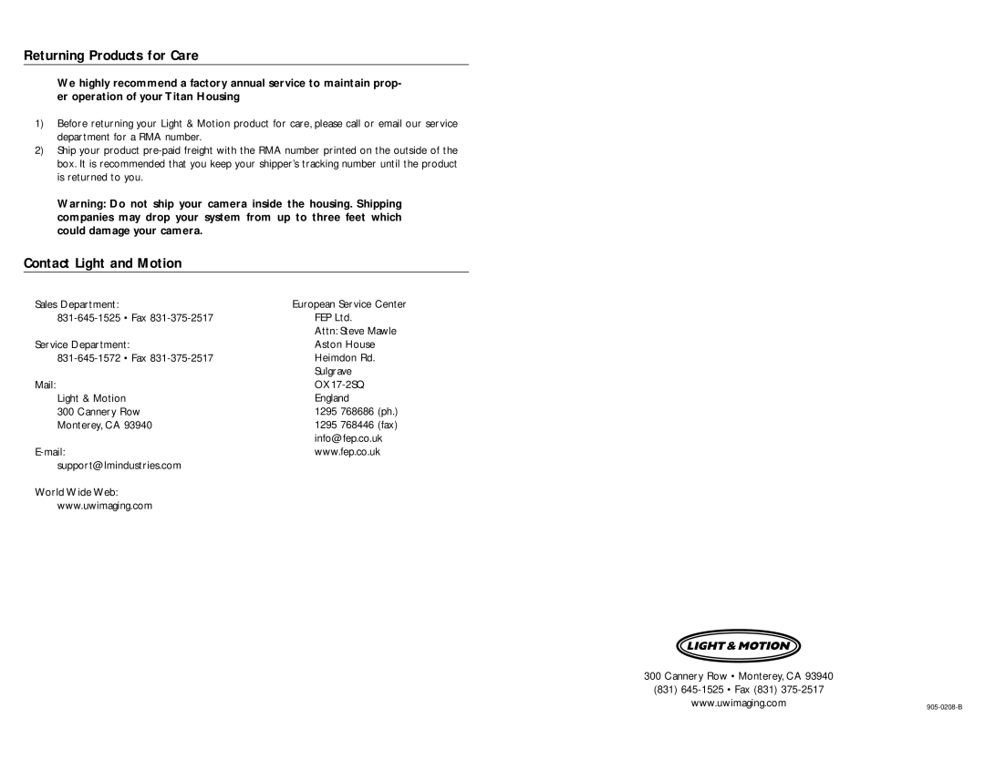 Light & Motion D100 manual Returning Products for Care, Contact Light and Motion, Sales Department 