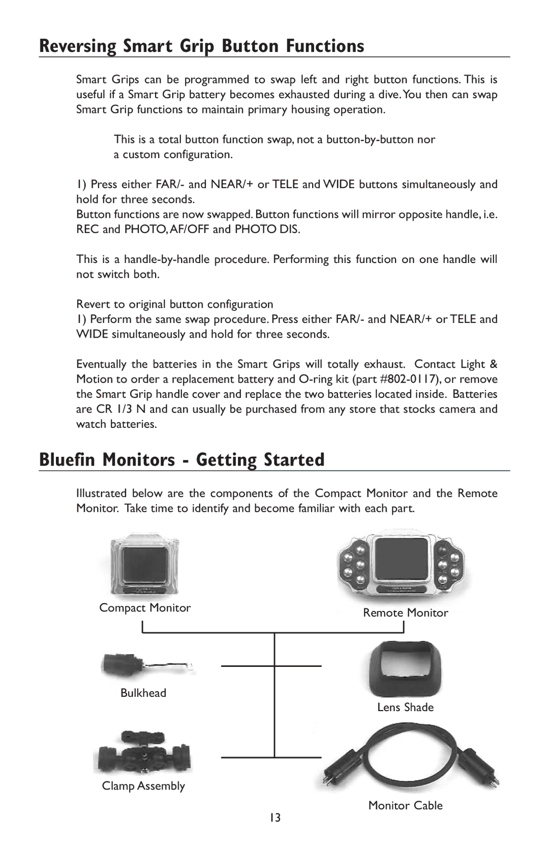 Light & Motion HC3 manual Reversing Smart Grip Button Functions, Bluefin Monitors Getting Started 