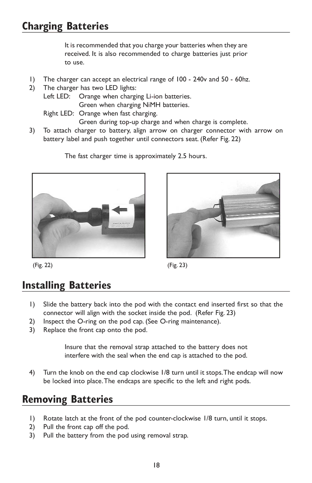 Light & Motion HC3 manual Charging Batteries, Installing Batteries, Removing Batteries 