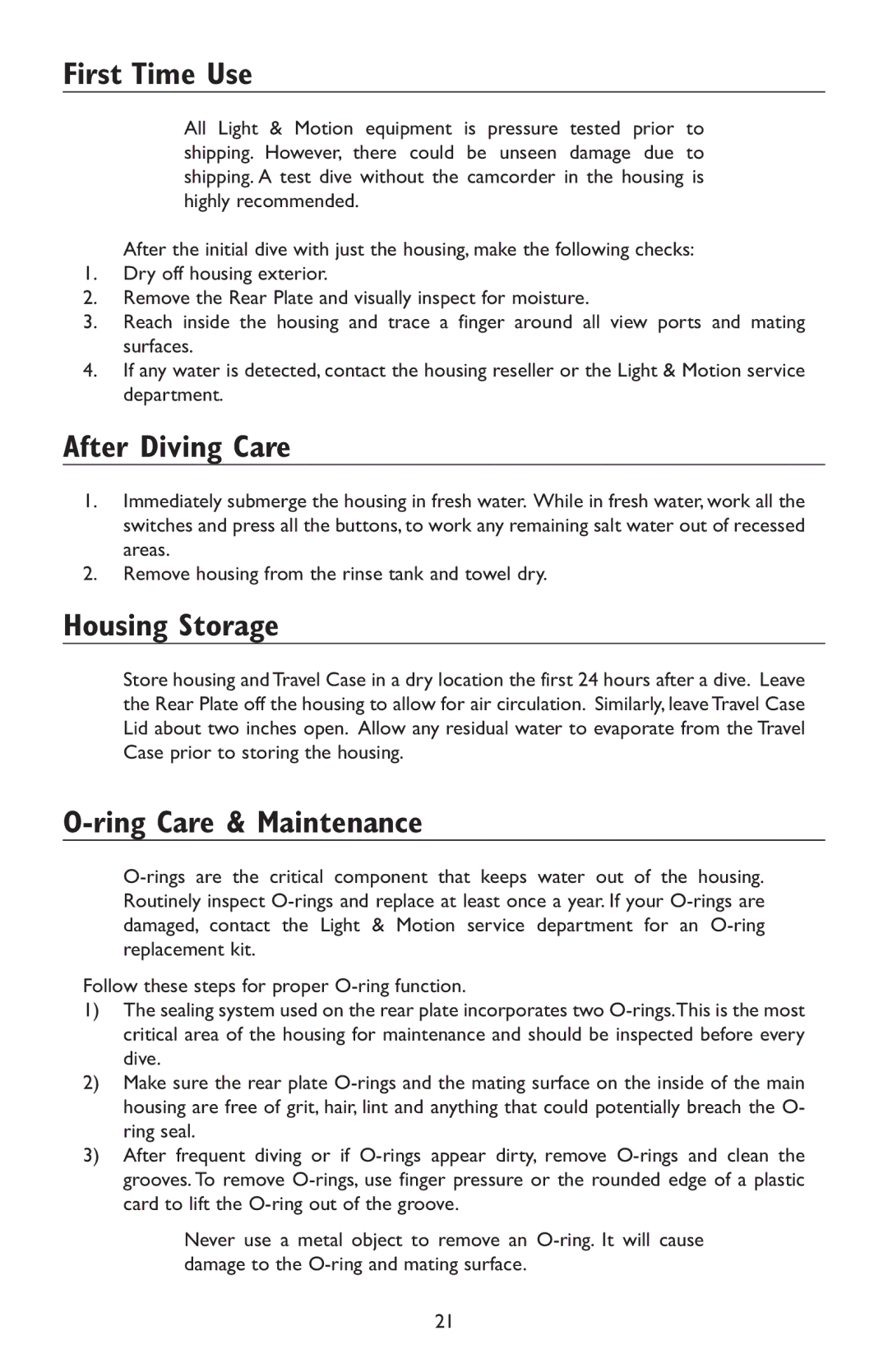 Light & Motion HC3 manual First Time Use, After Diving Care, Housing Storage, Ring Care & Maintenance 