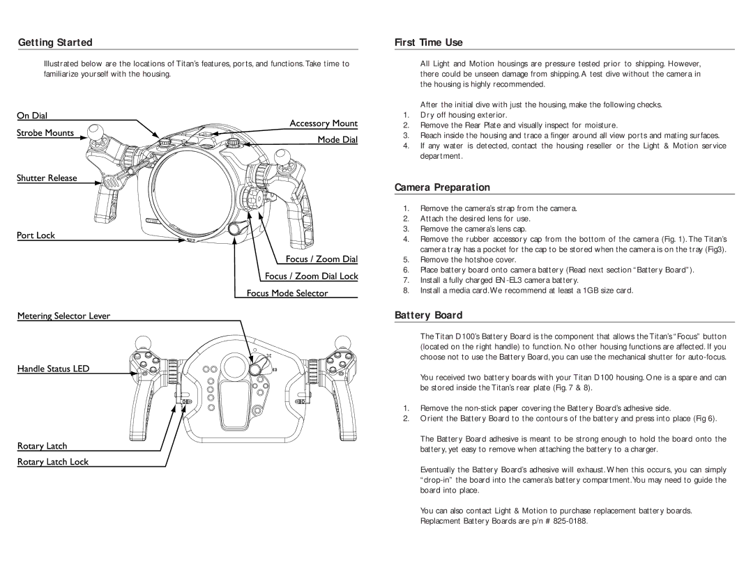 Light & Motion TITAN D100 manual Getting Started, First Time Use, Camera Preparation, Battery Board 
