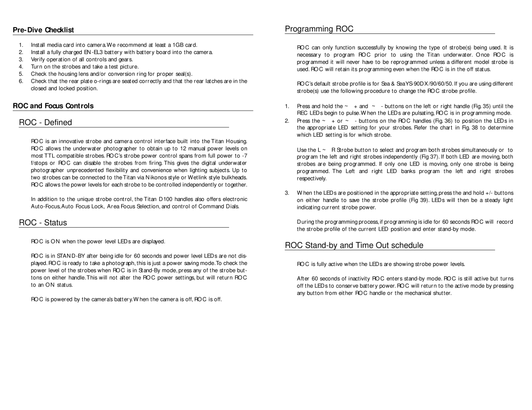 Light & Motion TITAN D100 manual Pre-Dive Checklist, ROC and Focus Controls 