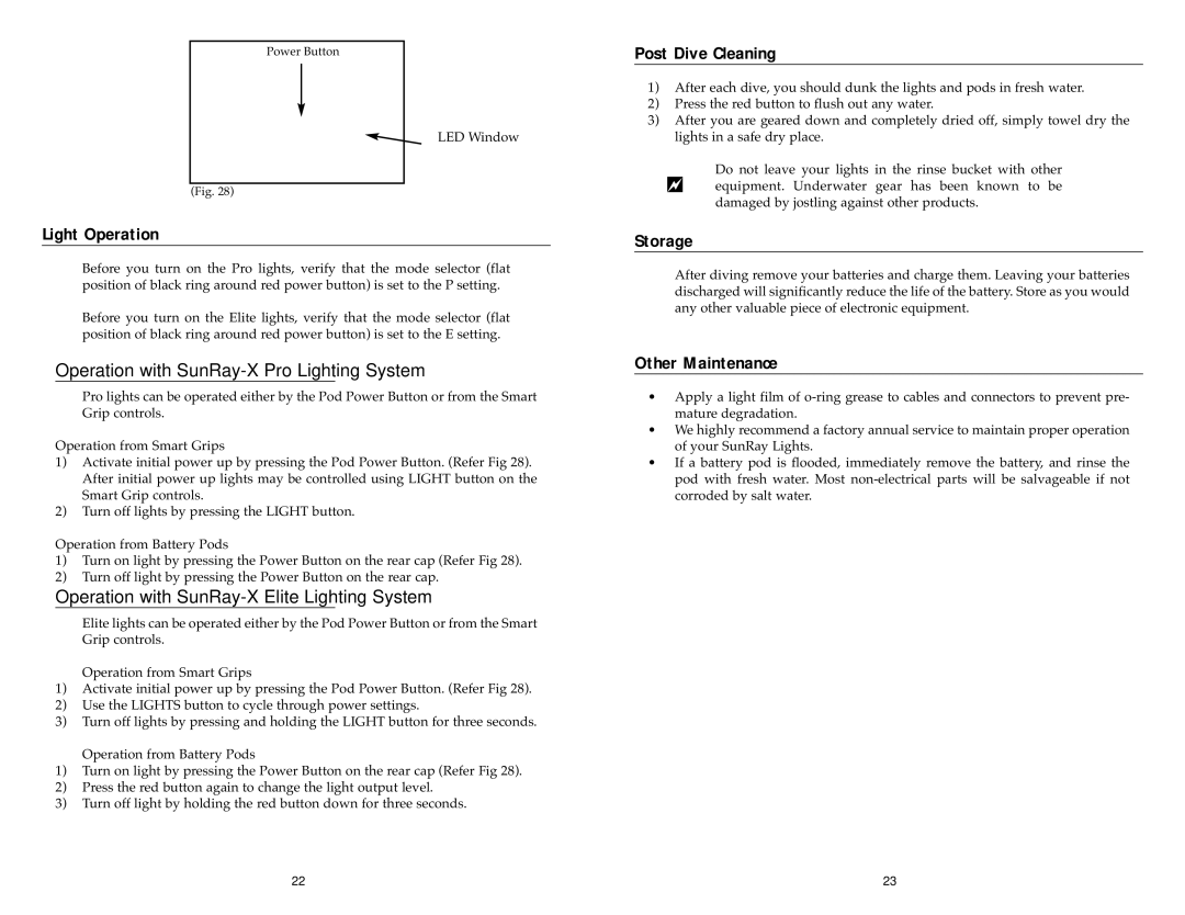 Light & Motion VX2000 manual Light Operation, Post Dive Cleaning, Storage, Other Maintenance 