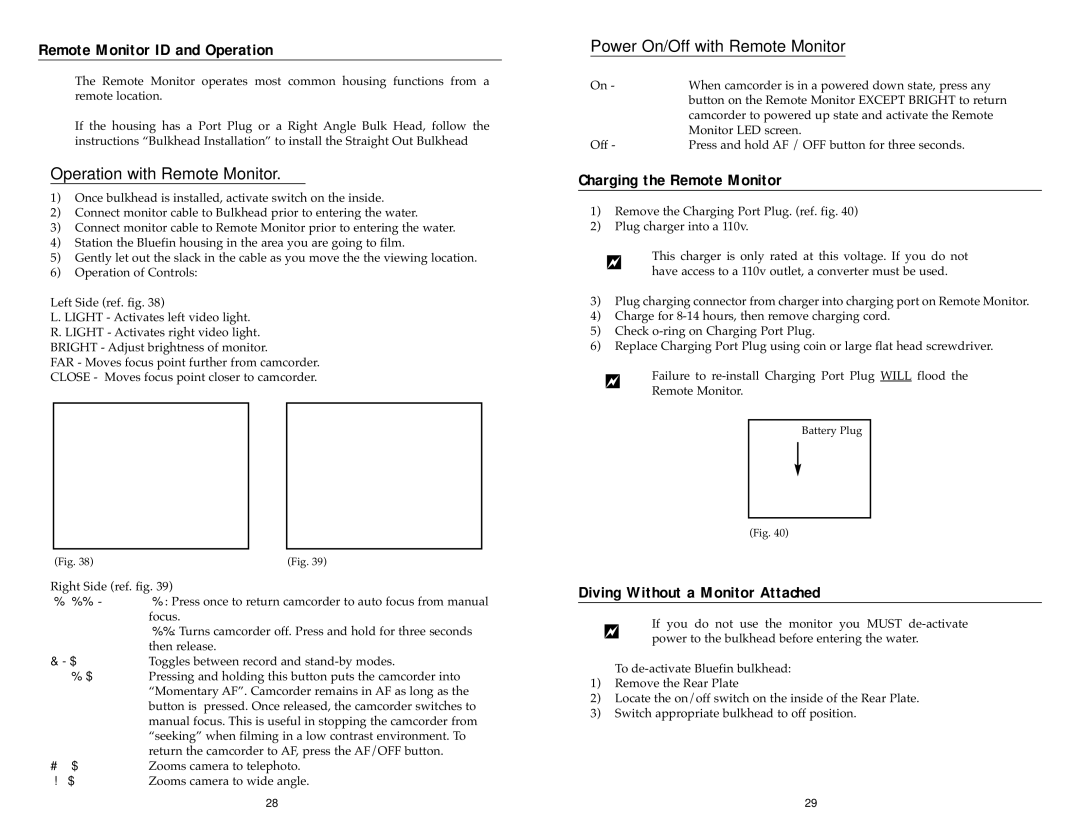 Light & Motion VX2000 Remote Monitor ID and Operation, Charging the Remote Monitor, Diving Without a Monitor Attached 