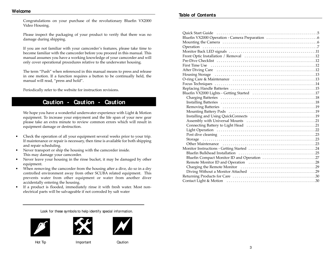 Light & Motion VX2000 manual Welcome, Table of Contents 