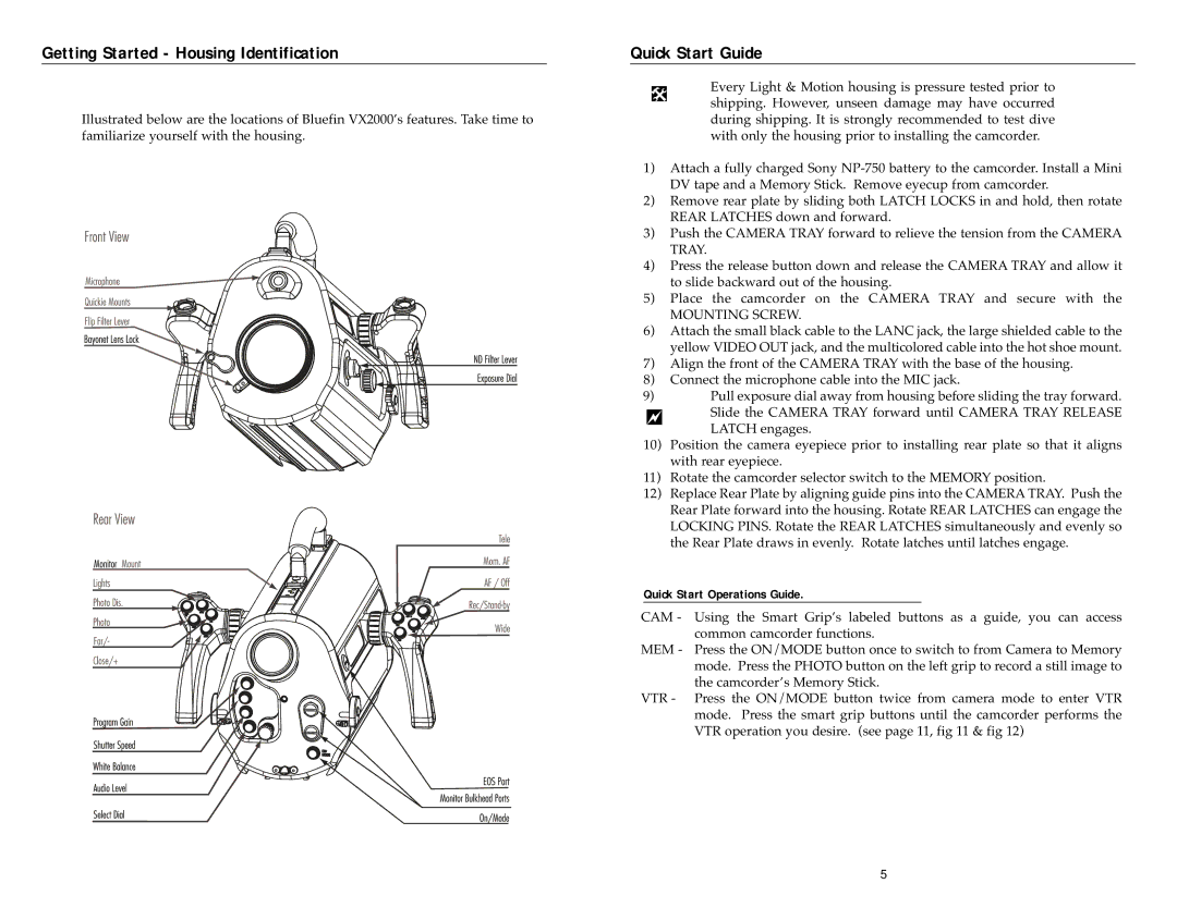 Light & Motion VX2000 manual Getting Started Housing Identification Quick Start Guide, Mounting Screw 