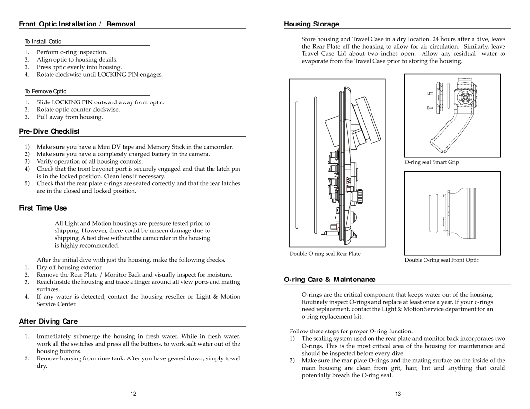 Light & Motion VX2000 manual Front Optic Installation / Removal, Pre-Dive Checklist, First Time Use, After Diving Care 