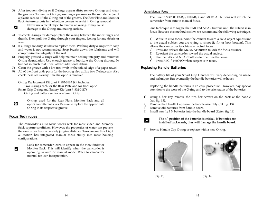 Light & Motion VX2000 manual Focus Techniques, Replacing Handle Batteries, Using Manual Focus 