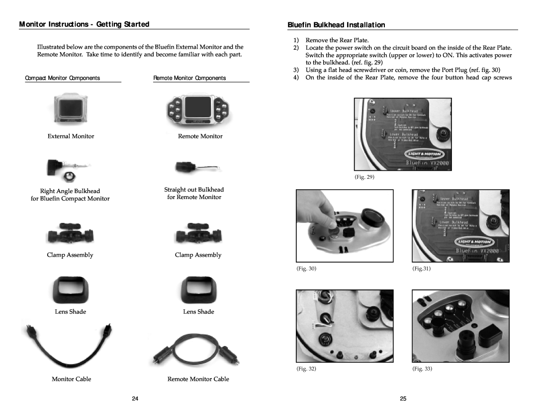 Light & Motion VX2000 Monitor Instructions - Getting Started, Bluefin Bulkhead Installation, Remote Monitor Components 