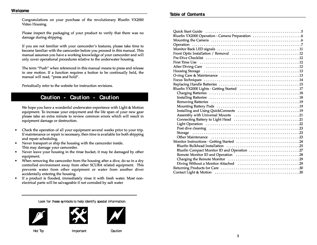Light & Motion VX2000 Welcome, Look for these symbols to help identify special information, Hot Tip, Table of Contents 