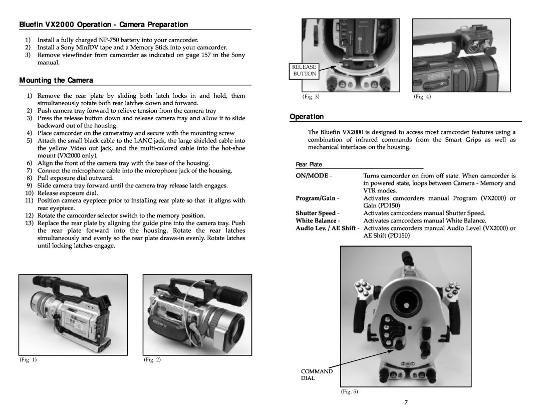 Light & Motion Bluefin VX2000 Operation - Camera Preparation, Mounting the Camera, Rear Plate, On/Mode, Program/Gain 