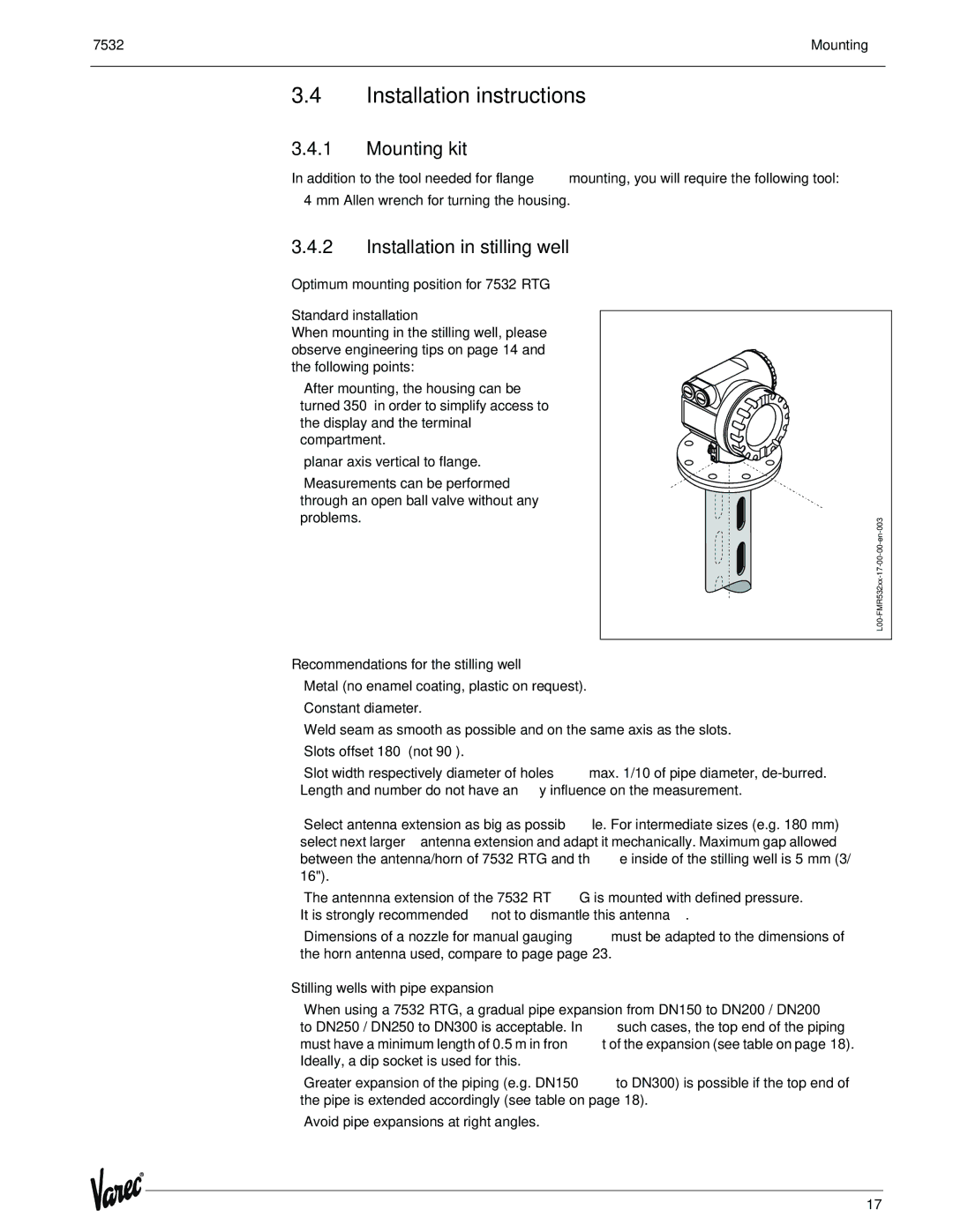 Lightning Audio 7532 manual Installation instructions, Mounting kit, Installation in stilling well 