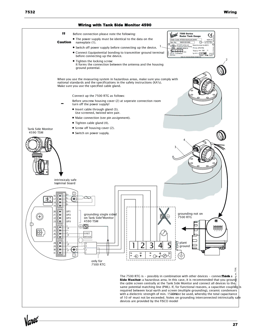 Lightning Audio 7532 manual Wiring Wiring with Tank Side Monitor, Grounding single sided on Tank Side Monitor 4590 TSM 