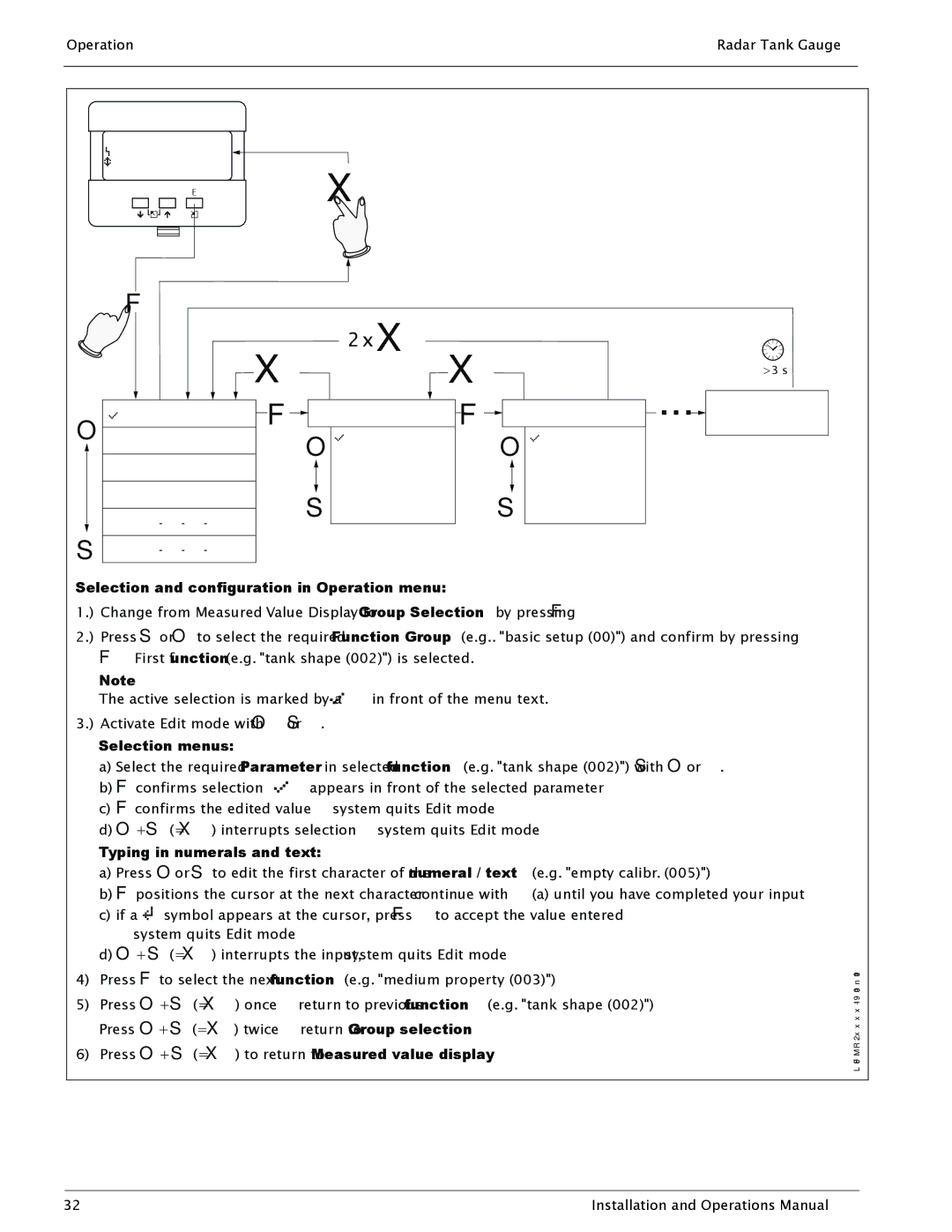 Lightning Audio 7532 manual Operation Radar Tank Gauge, Selection and configuration in Operation menu, Selection menus 