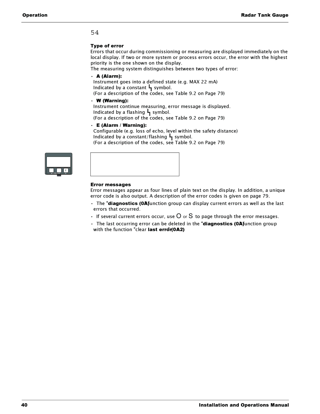 Lightning Audio 7532 manual Display and acknowledging error messages, Type of error, Alarm / Warning, Error messages 