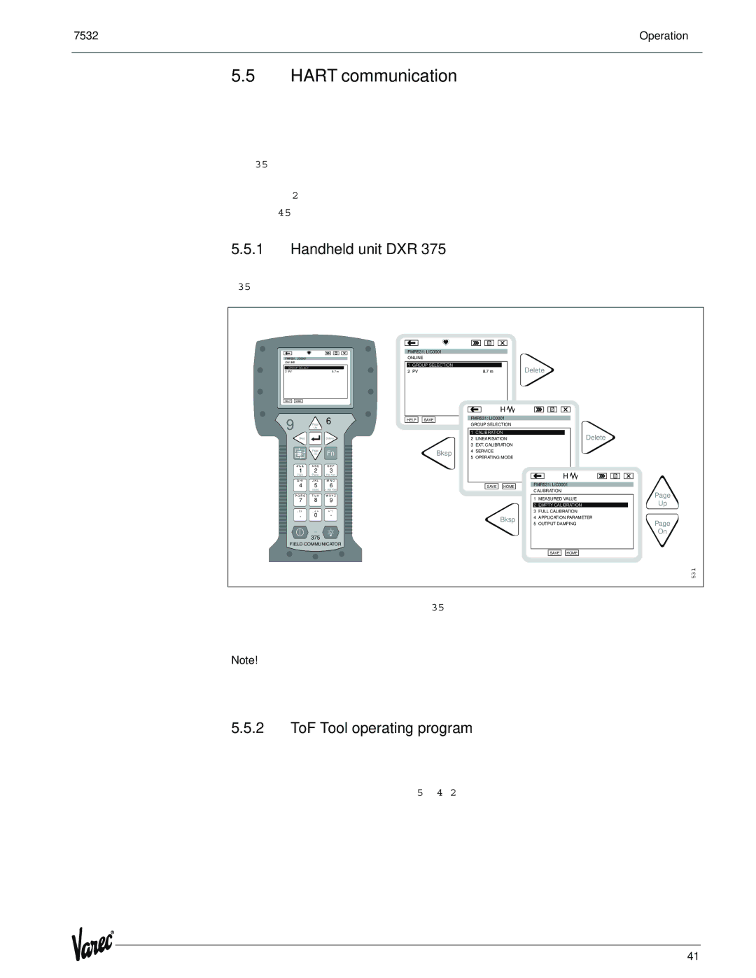 Lightning Audio 7532 manual Hart communication, Handheld unit DXR, ToF Tool operating program 