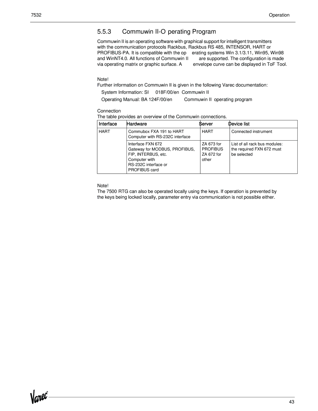 Lightning Audio 7532 manual Commuwin II-Operating Program, Connection, Interface Hardware Server Device list 