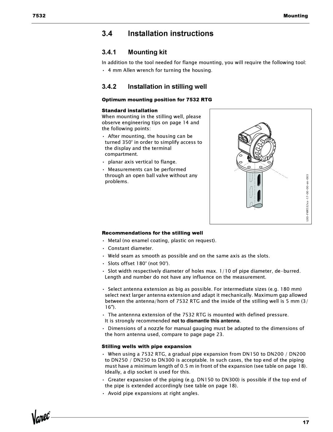 Lightning Audio 7532 manual 3.4Installation instructions, 3.4.1Mounting kit, 3.4.2Installation in stilling well 