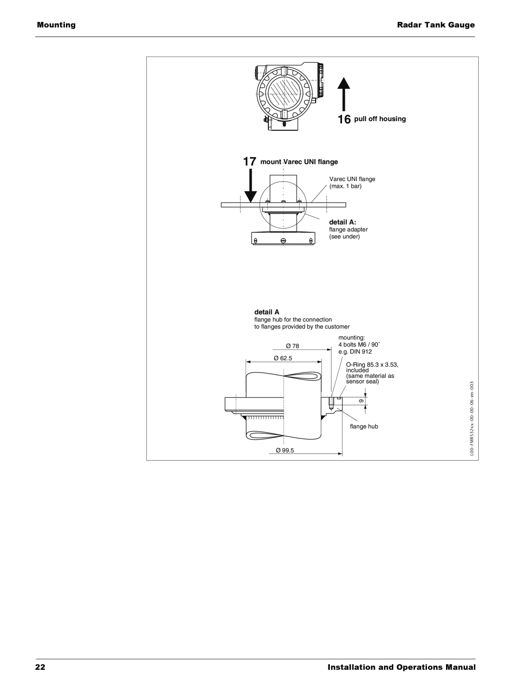 Lightning Audio 7532 manual Mounting, Radar Tank Gauge, Installation and Operations Manual, detail A 