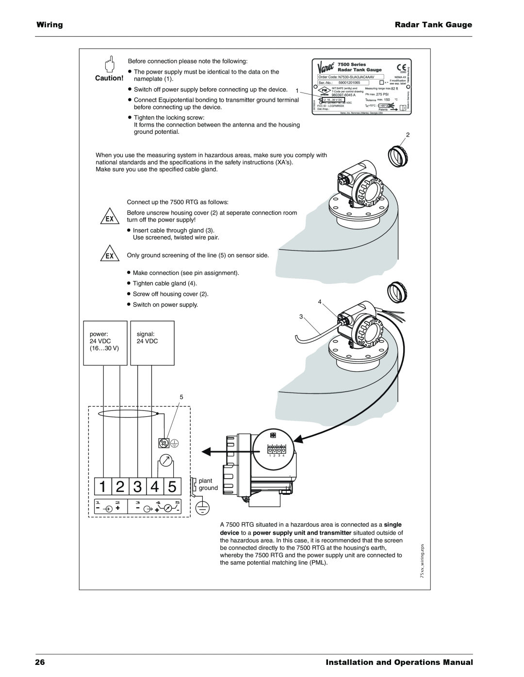 Lightning Audio 7532 manual Wiring, Radar Tank Gauge, Installation and Operations Manual 