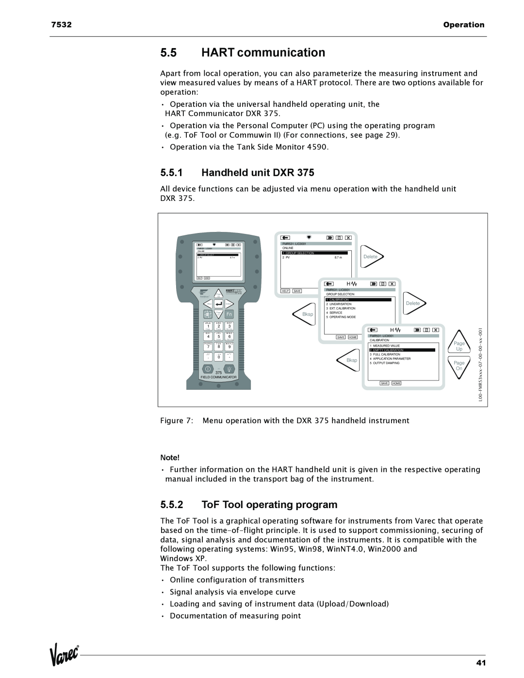 Lightning Audio 7532 manual 5.5HART communication, 5.5.1Handheld unit DXR, 5.5.2ToF Tool operating program, Operation 