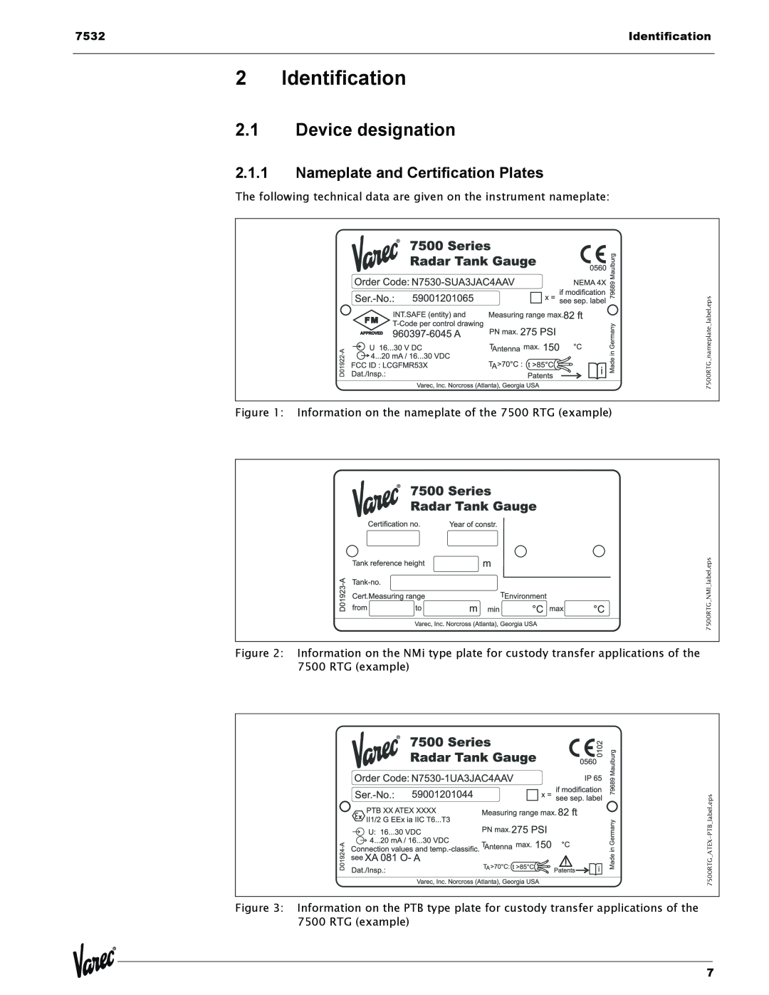 Lightning Audio 7532 manual Identification, 2.1Device designation, 2.1.1Nameplate and Certification Plates 