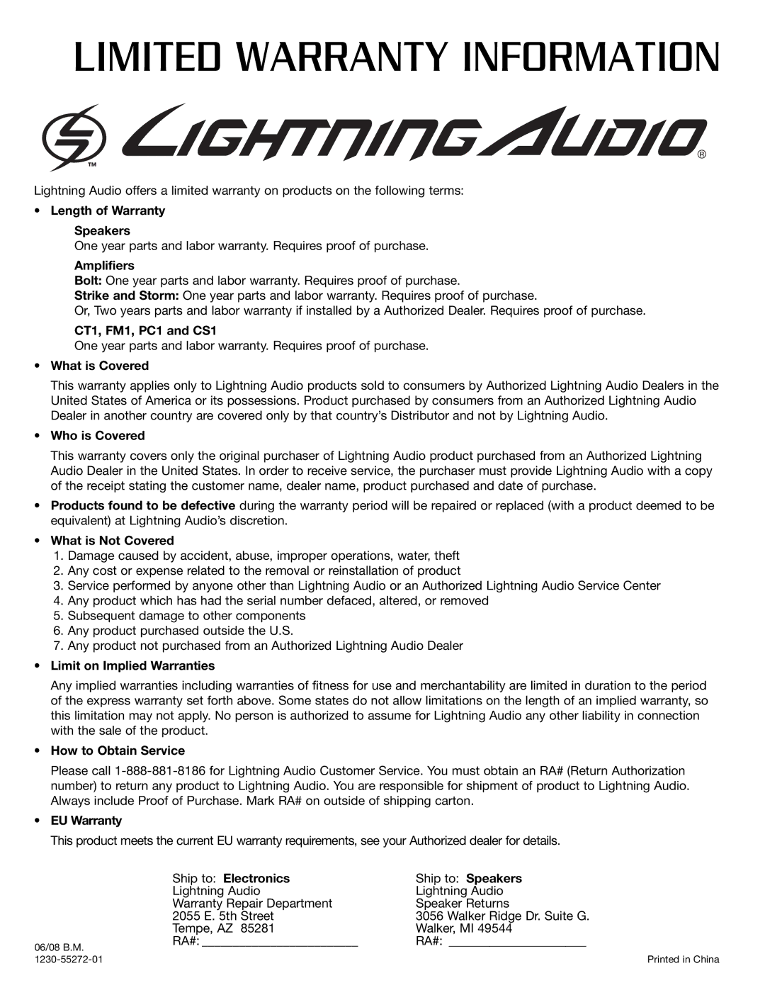 Lightning Audio B4.TWT.TK, B4.65.2TK, B4.69.2TK, B4.40.2TK manual Limited Warranty Information 