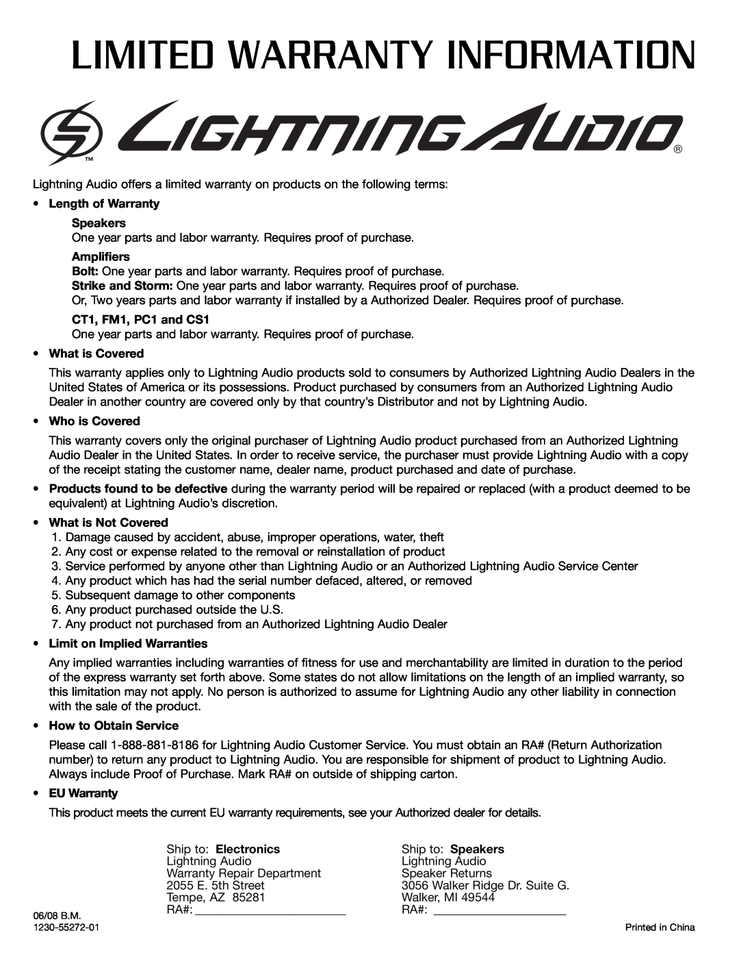 Lightning Audio B4.TWT.TK, B4.65.2TK, B4.69.2TK, B4.40.2TK manual Limited Warranty Information 