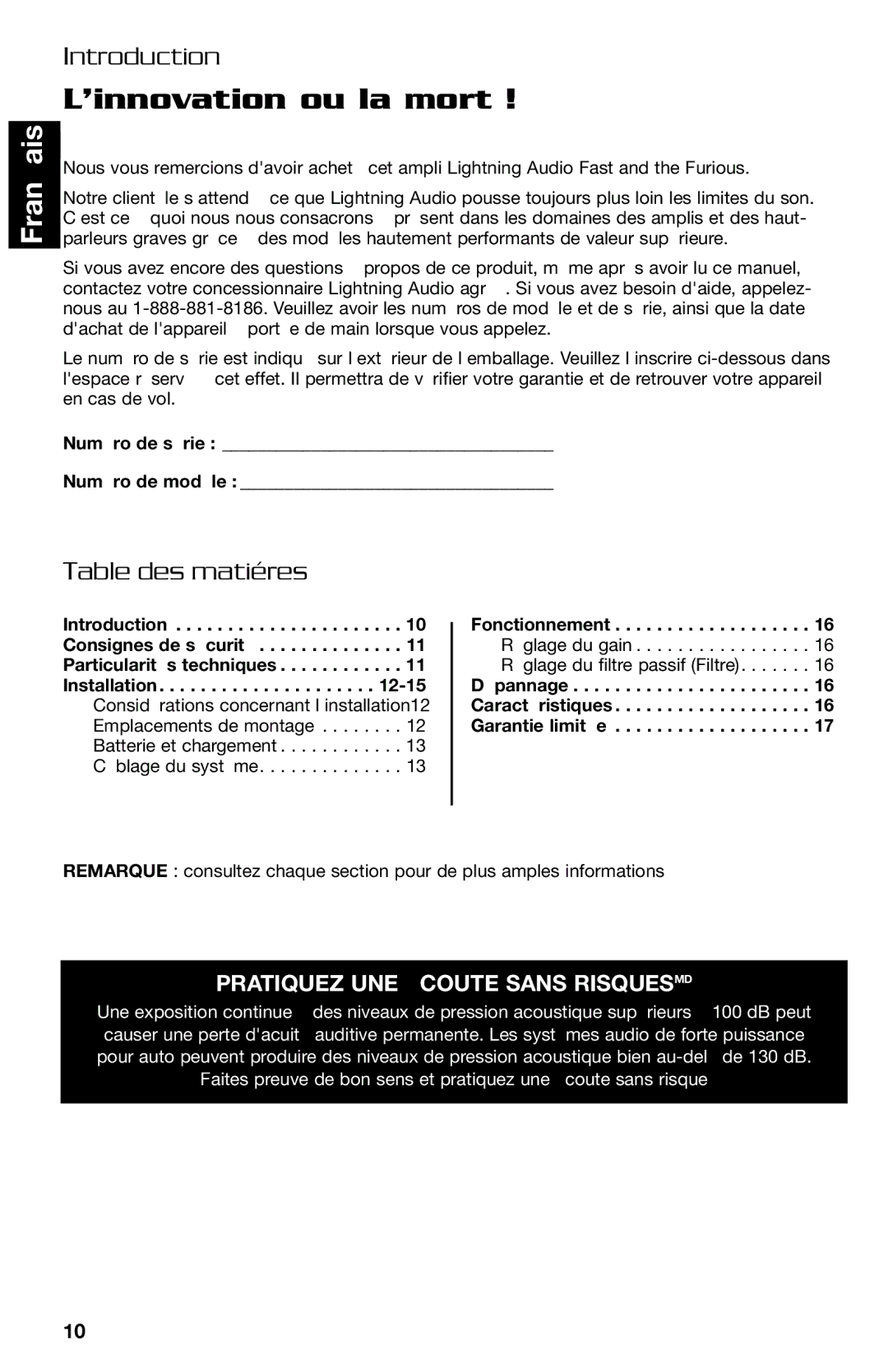 Lightning Audio FF250.1, FF150.2 manual ’innovation ou la mort, Table des matiéres 