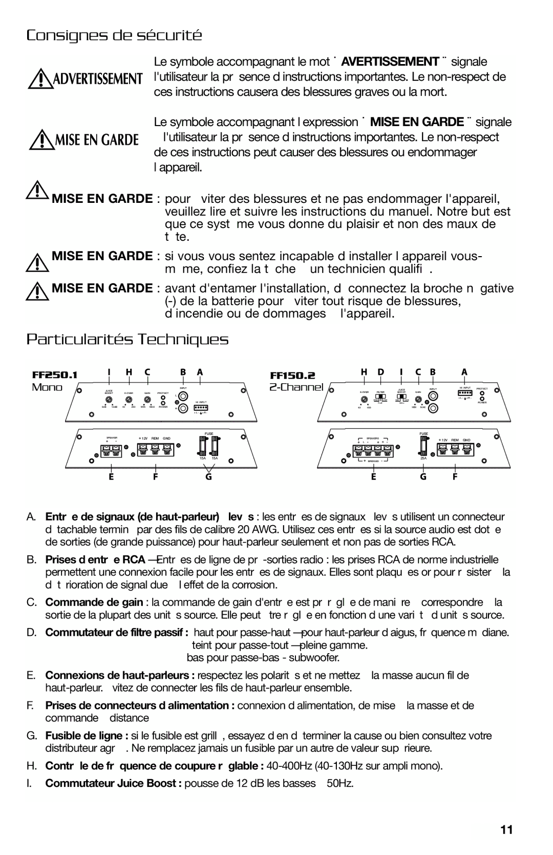 Lightning Audio FF150.2, FF250.1 manual Consignes de sécurité, Particularités Techniques 