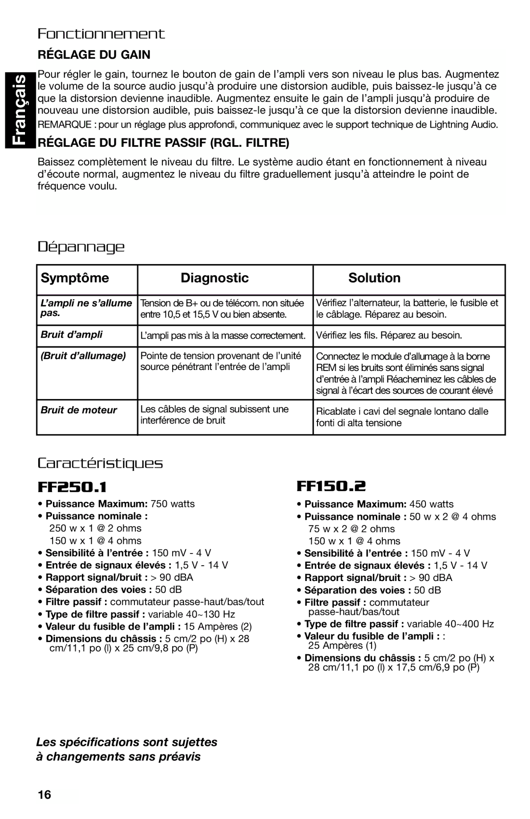 Lightning Audio FF250.1, FF150.2 manual Fonctionnement, Dépannage, Caractéristiques, Symptôme Diagnostic Solution 