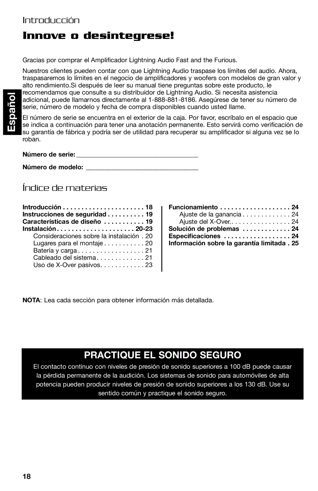 Lightning Audio FF250.1, FF150.2 manual Introducción, Índice de materias 