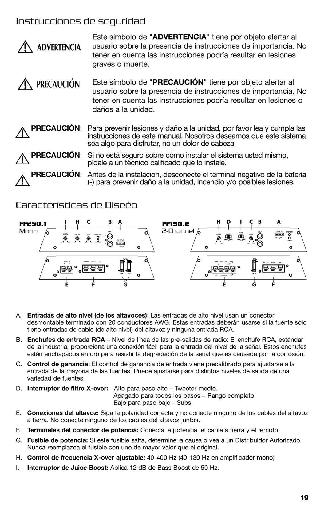 Lightning Audio FF150.2, FF250.1 manual Instrucciones de seguridad, Características de Diseéo 