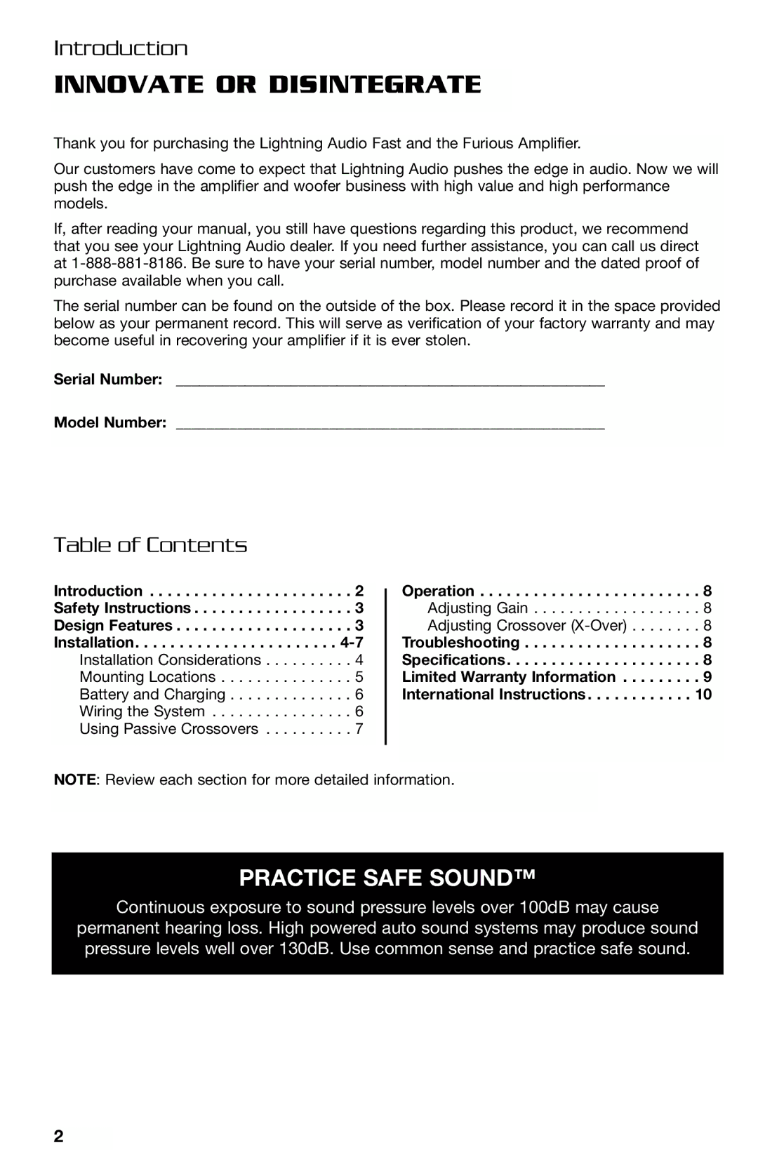 Lightning Audio FF250.1, FF150.2 manual Introduction, Table of Contents 