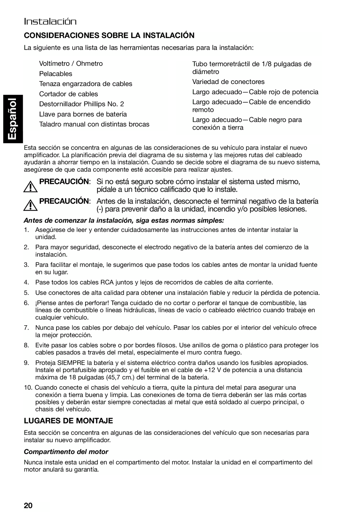 Lightning Audio FF250.1, FF150.2 manual Consideraciones Sobre LA Instalación, Precaución, Lugares DE Montaje 