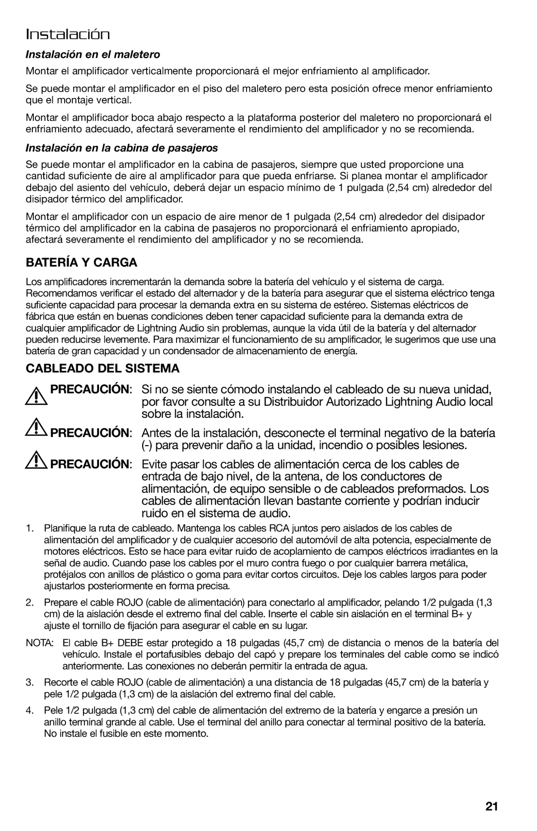 Lightning Audio FF150.2, FF250.1 manual Batería Y Carga, Cableado DEL Sistema, Instalación en el maletero 