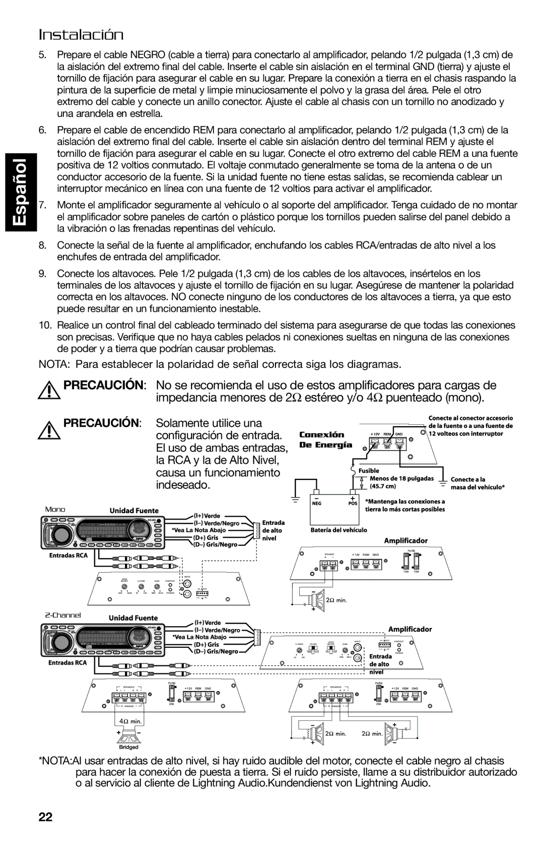 Lightning Audio FF250.1, FF150.2 manual + 12V REM 