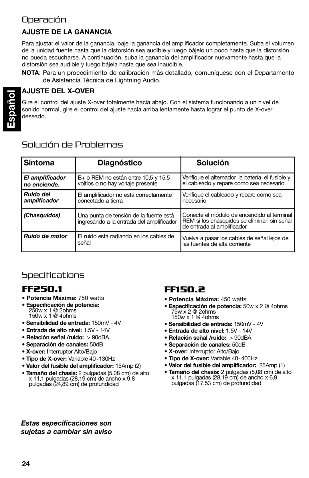 Lightning Audio FF250.1, FF150.2 Operación, Solución de Problemas, Síntoma Diagnóstico Solución, Ajuste DE LA Ganancia 