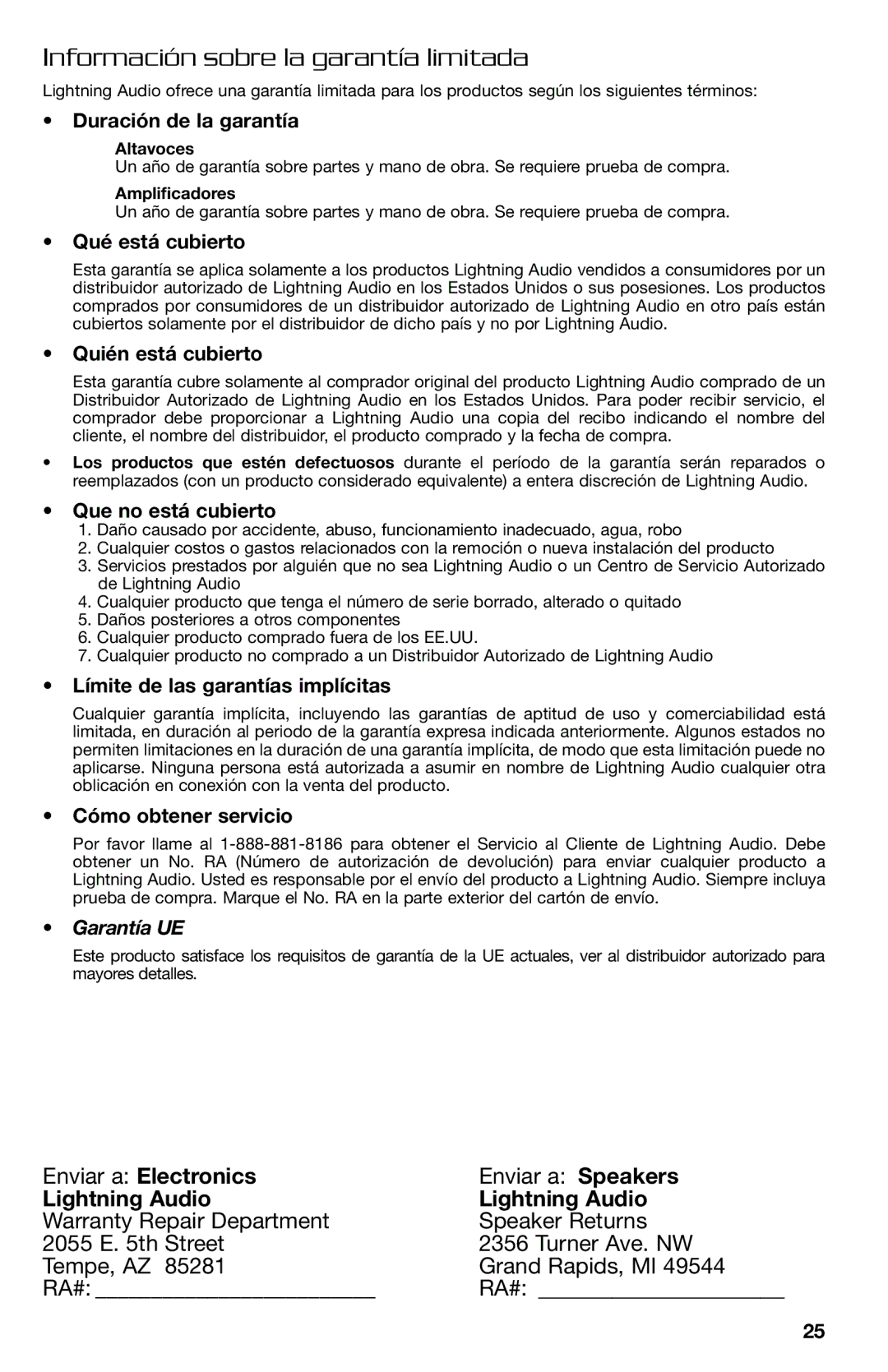 Lightning Audio FF150.2, FF250.1 manual Información sobre la garantía limitada, Enviar a Electronics, Lightning Audio 
