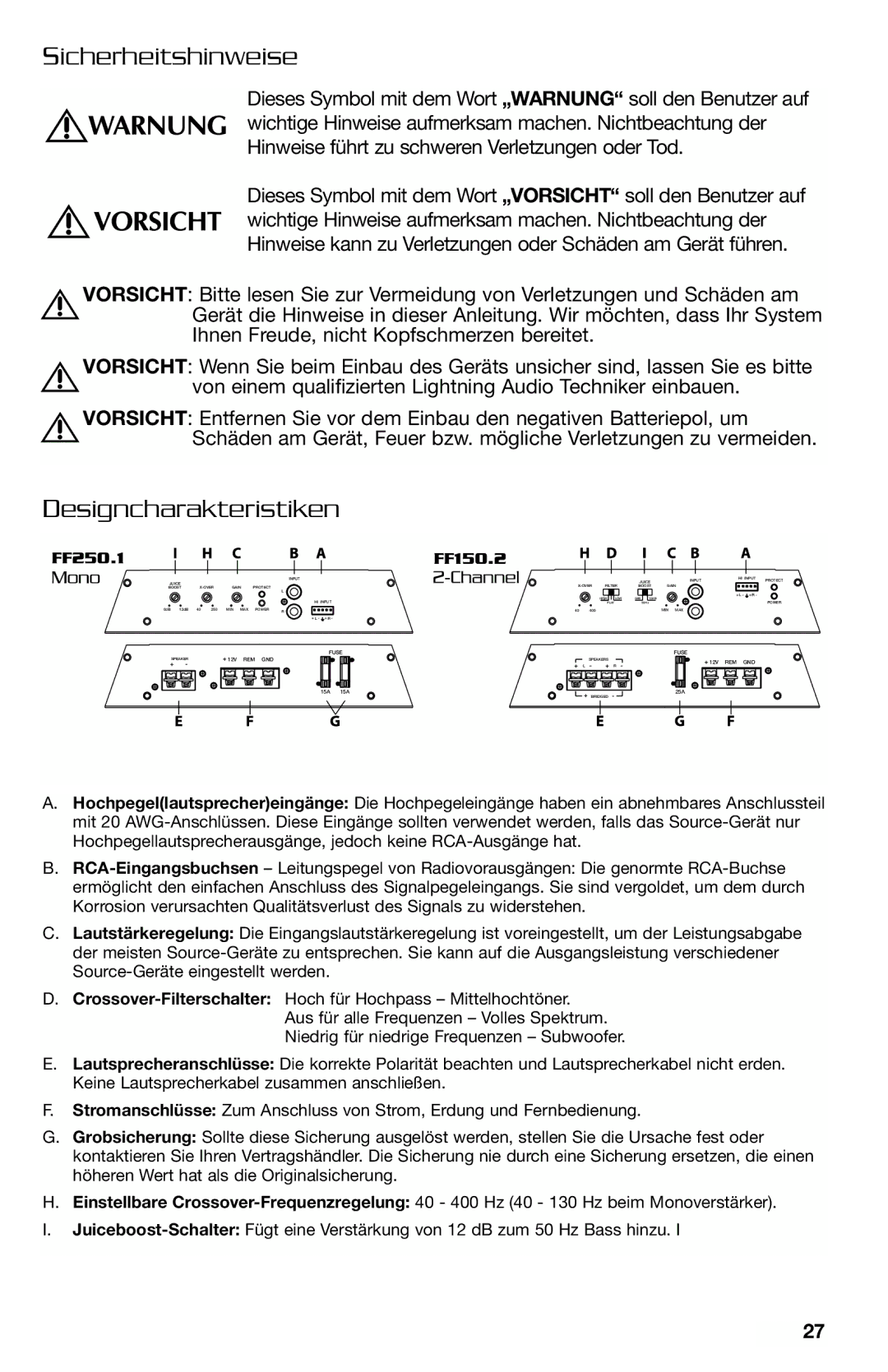 Lightning Audio FF150.2, FF250.1 manual Sicherheitshinweise, Designcharakteristiken 