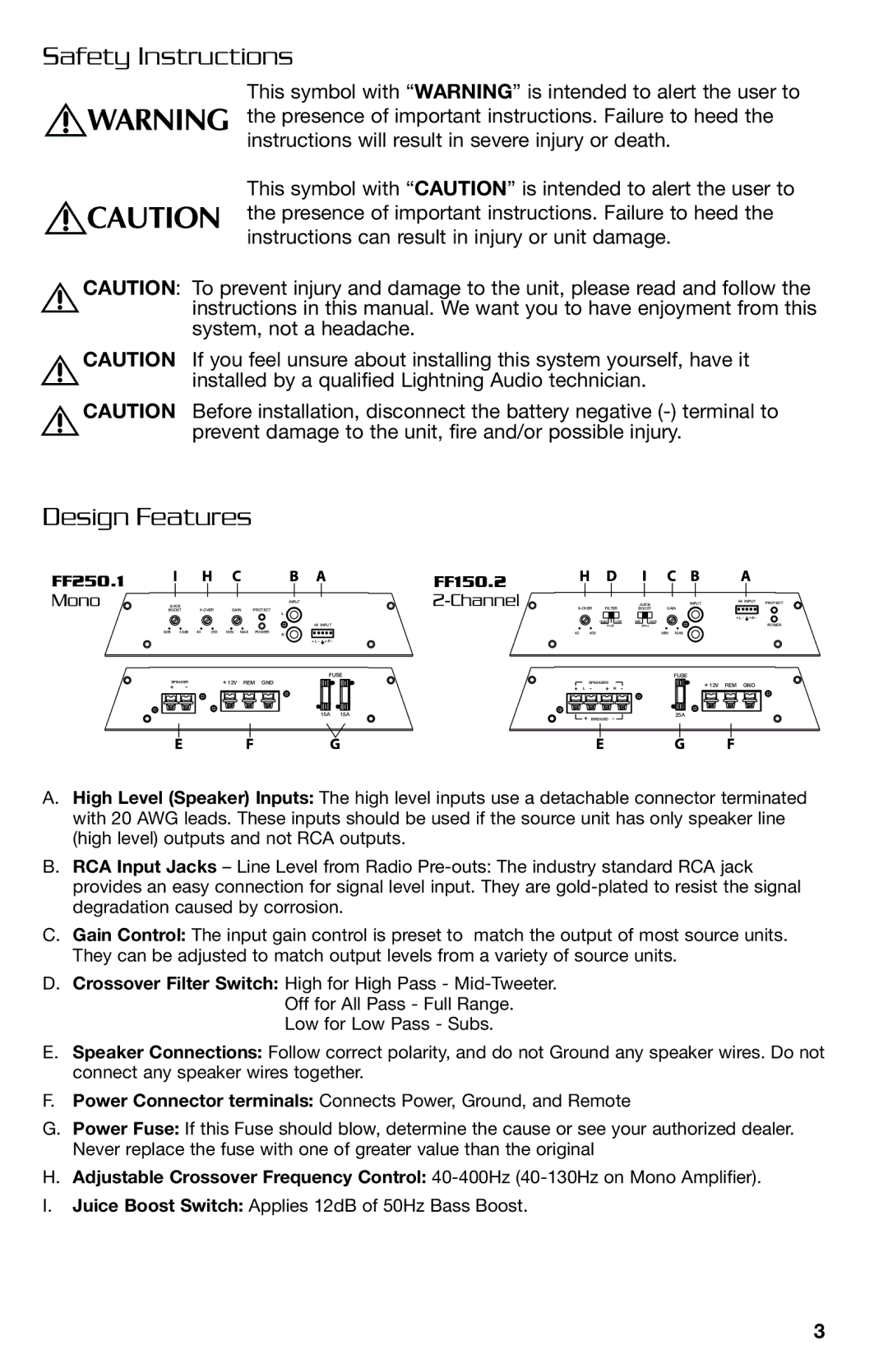 Lightning Audio FF150.2, FF250.1 manual Safety Instructions, Design Features 