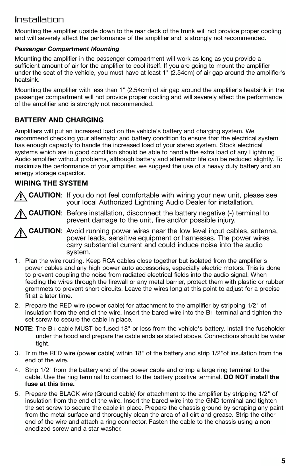 Lightning Audio FF150.2, FF250.1 manual Battery and Charging, Wiring the System, Passenger Compartment Mounting 