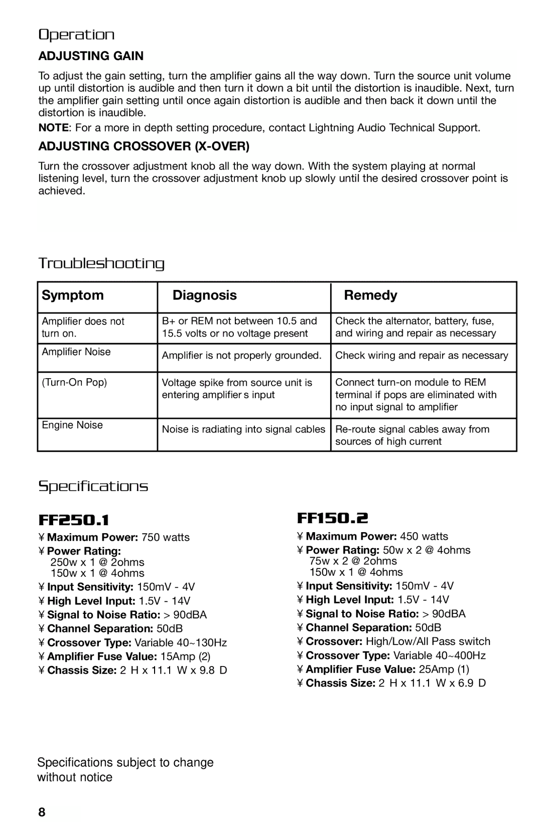 Lightning Audio FF250.1, FF150.2 manual Operation, Troubleshooting, Specifications, Symptom Diagnosis Remedy 